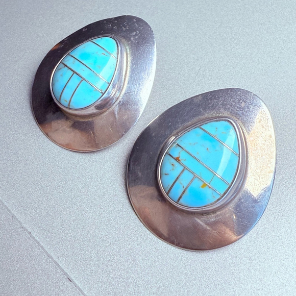 Native American Navajo Turquoise Inlay Large Pierced Sterling Silver Earrings - Picture 2 of 5